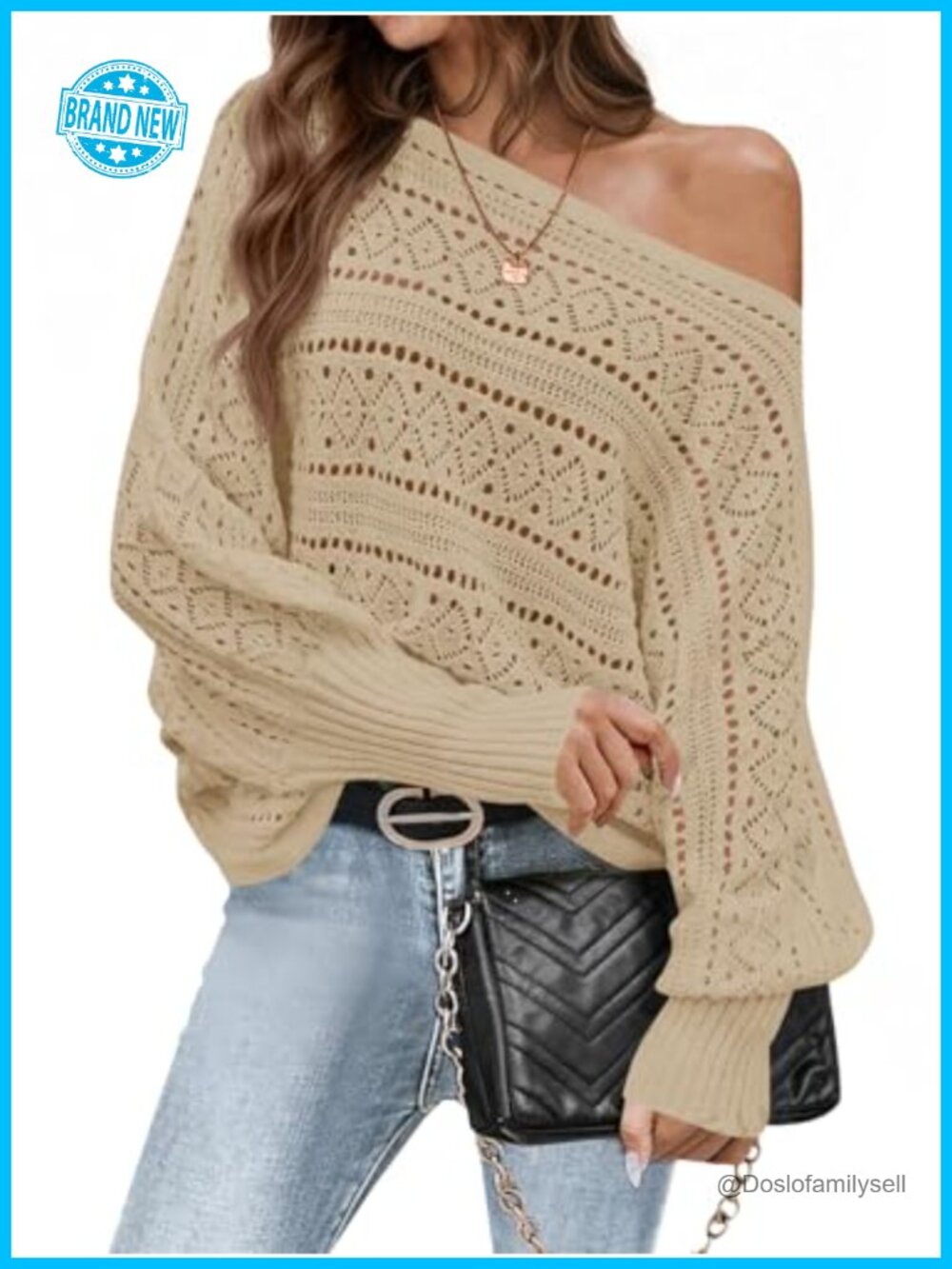 Off the Shoulder Oversized Knit Sweater Crochet Batwing Long Sleeve Pullover